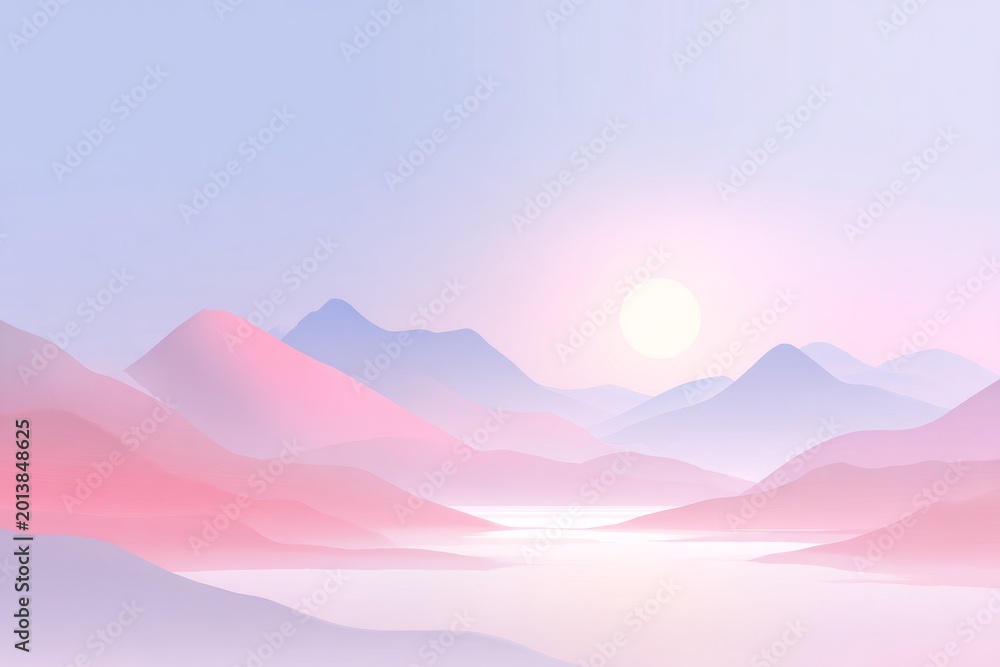 Obraz premium Tranquil sunrise over misty pink and blue mountain landscape
