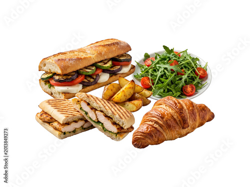 Foto Delicious and varied lunch spread featuring a gourmet baguette sandwich, grilled panini, a fresh arugula salad