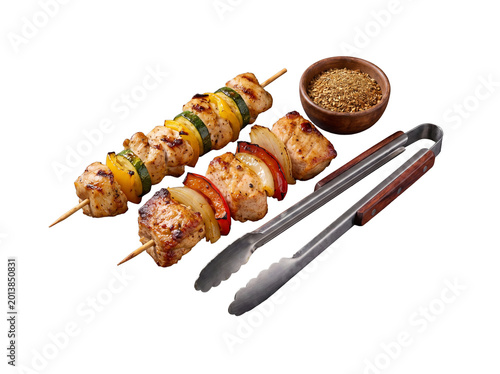 Delicious grilled chicken and vegetable skewers, seasoned with herbs and spices, ready for a healthy meal or barbecue.