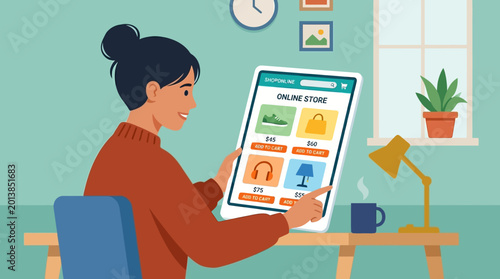 Foto Woman shopping online at home desk.
