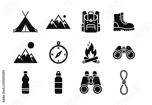 Bild auf Leinwand 12 Camping icons tent mountain backpack boots compass bonfire binoculars, outlin