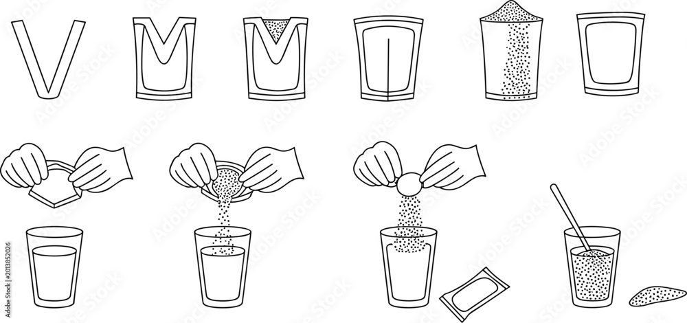 Εκτύπωση καμβά Set of instruction line icons showing how to open sachet pour powder into glass