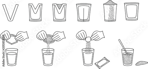 Fotografia Set of instruction line icons showing how to open sachet pour powder into glass