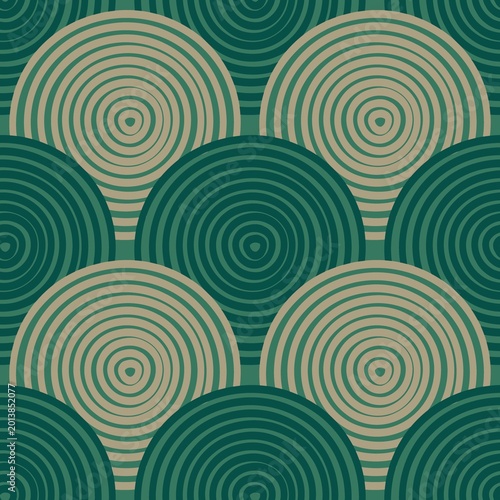 Abstract Geometric Circle Pattern in Green and Beige Seamless Background