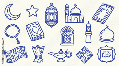 Tableau sur toile Collection of Islamic cultural symbols and religious icons in a hand-drawn doodle style