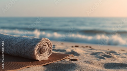 Beach relaxation: rolled towel and ocean waves on sandy shore at sunset