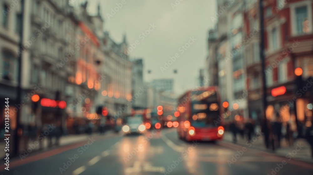 Obraz premium Blurred London avenue with classic british urban atmosphere and lights.