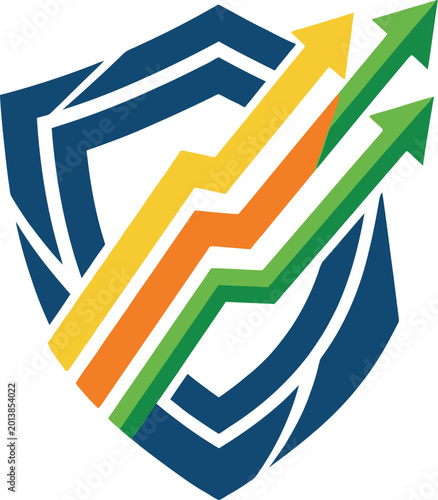 Shield icon featuring colorful rising arrows shows dynamic market.