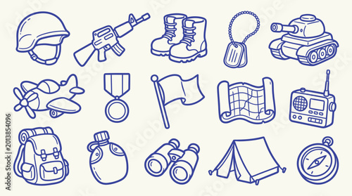 Schilderij op canvas Set of hand-drawn doodle military icons, including helmet, rifle, boots, dog tags, tank, airplane, medal, flag, map, radio, backpack, canteen, binoculars, tent, and compass