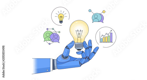 Fotografie Robot hand holding a glowing light bulb, symbolizing ideas and innovation