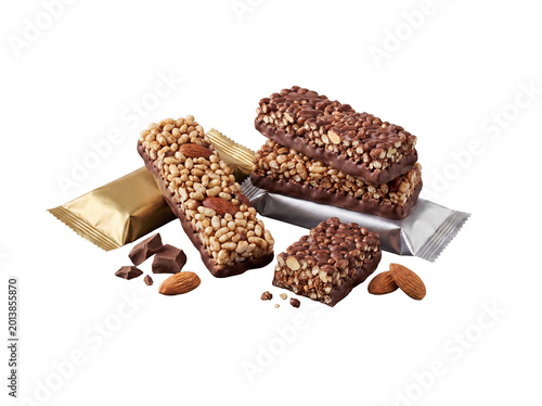 Obraz na plátně Delicious chocolate-coated cereal and nut bars with packaging wrappers, isolated on a transparent background