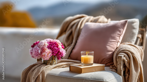 Cozy home self care corner with armchair blanket candle and flowers for relaxation background and lifestyle banner