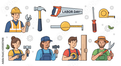 Workers with various tools Labor Day.