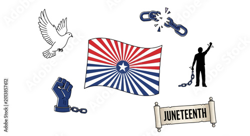 Juneteenth freedom celebration symbols icons.