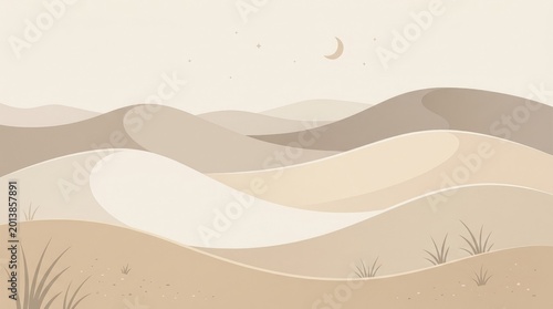 Minimalist Desert Landscape at Night with Rolling Sand Dunes, Crescent Moon, and Stars in Earthy Tones
