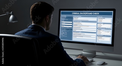 Man checking criminal background information on computer screen