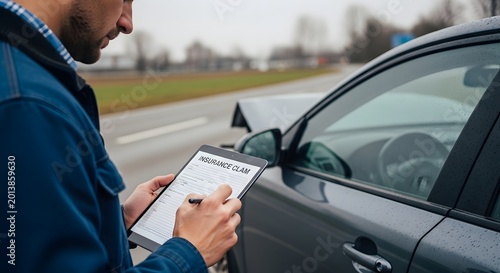 Man filling out car insurance claim form outdoors