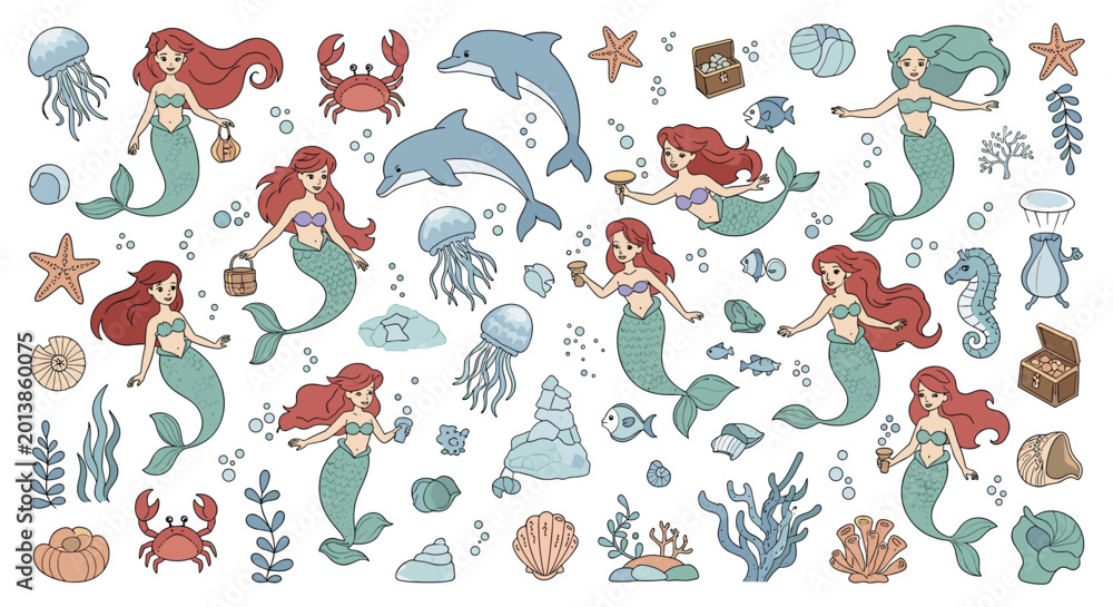 Obraz premium Large collection of illustrated mermaids, dolphins, jellyfish, shells, and coral creating a magical underwater scene on a white background.