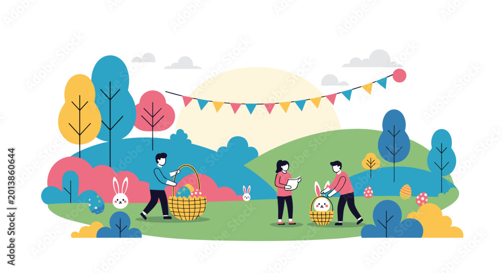 Naklejka premium Cheerful park scene with children participating in an Easter egg hunt among colorful trees and hills under a giant sun.