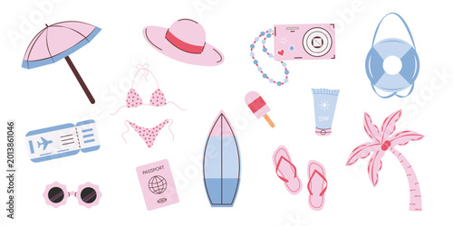 Summer beach set with tropical and vacation elements. Palm tree, sun hat, surfboard, sunglasses, umbrella, ice cream, lifebuoy. flip flops. Travel collection.