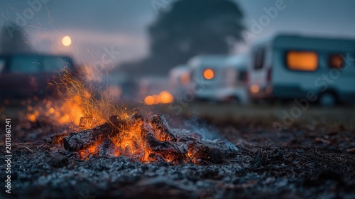  a dying campfire, background softly blurred with parked camper vans at a campsite