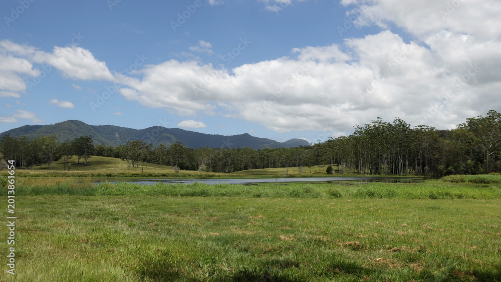 Fototapeta premium Serene Meadow with a Small Pond and Mountains Under a Cloudy Sky