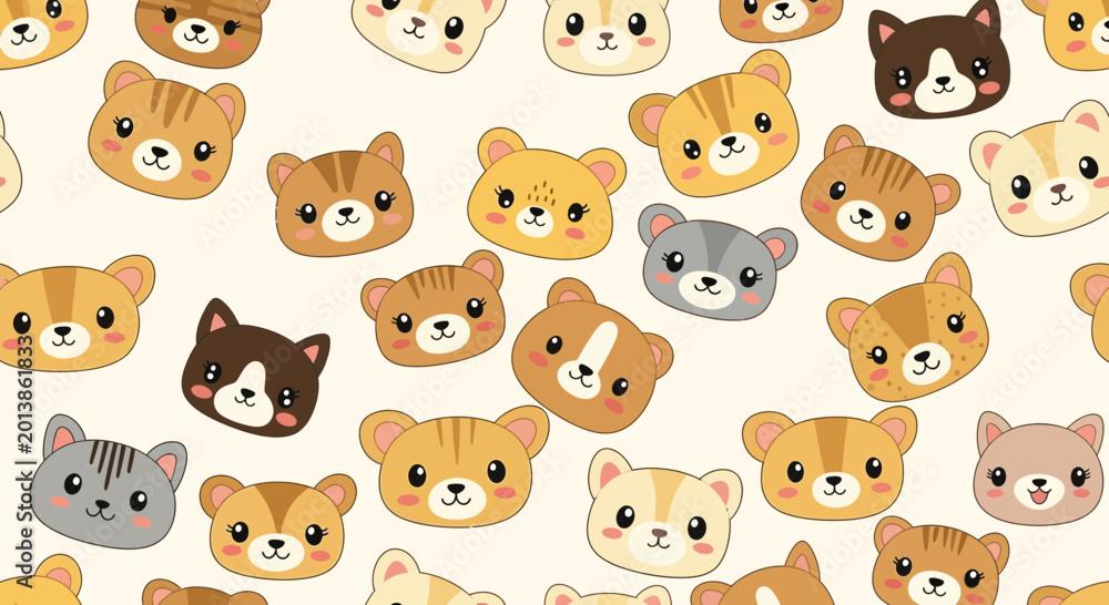 Obraz premium Cute Cartoon Bear Faces Seamless Pattern, Kawaii Animal Characters, Adorable Baby Bears