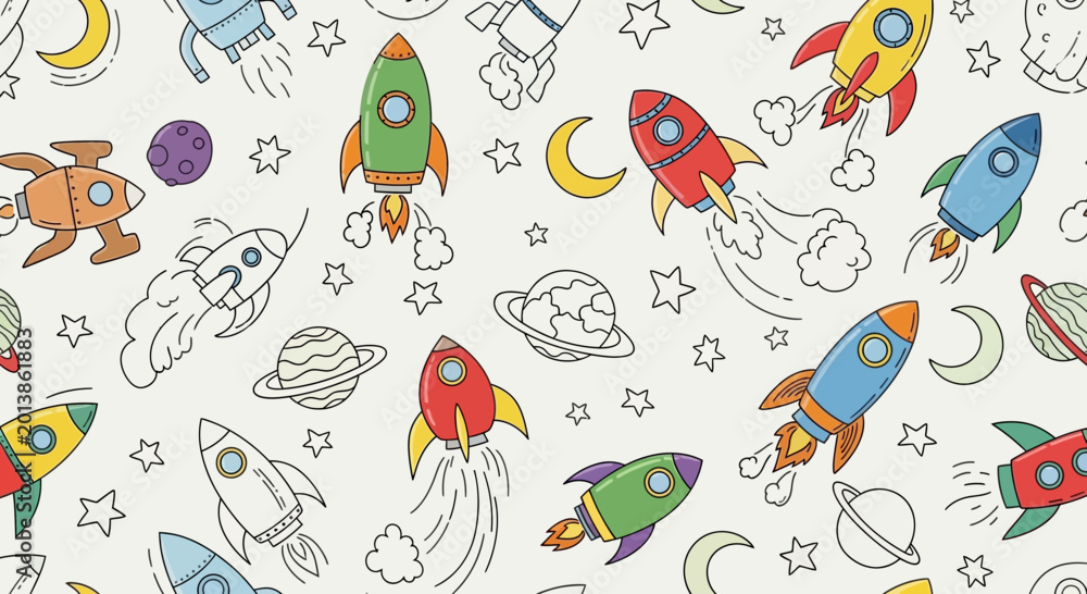 Fototapeta premium Cute cartoon rockets, planets, and stars seamless pattern for kids' space exploration theme