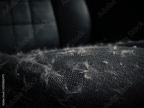 dark fabric car seat covered with scattered dog hair