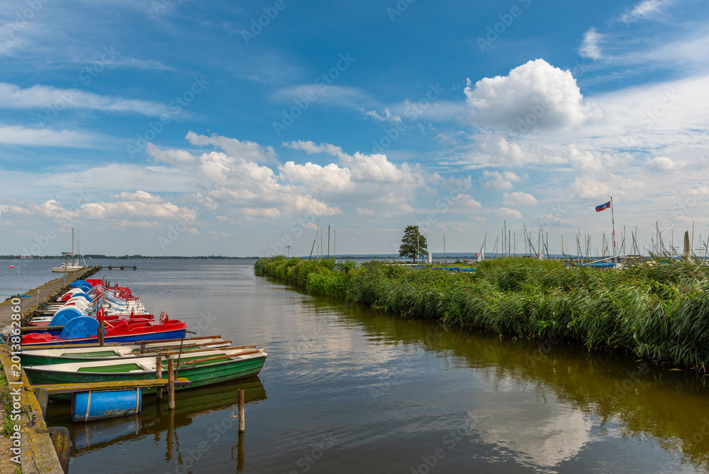 Fototapeta premium Boats in Olgahafen on Lake Dümmer, Lower Saxony, Germany