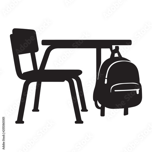 Black silhouette of a classroom desk with chair and a backpack hanging on the side, symbolizing education, learning, and student life.