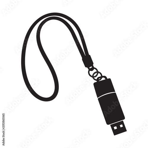 Black silhouette of a USB flash drive attached to a lanyard, symbolizing portable digital storage and convenience in carrying data.