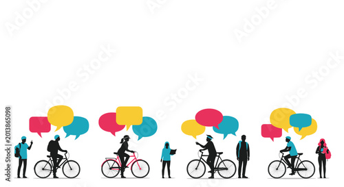 Group of silhouettes showing people walking and riding bicycles with colorful speech bubbles representing social interaction and urban life.