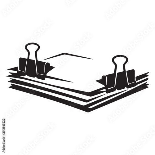 Black silhouette of stacked papers secured with two binder clips, symbolizing organization and document management.