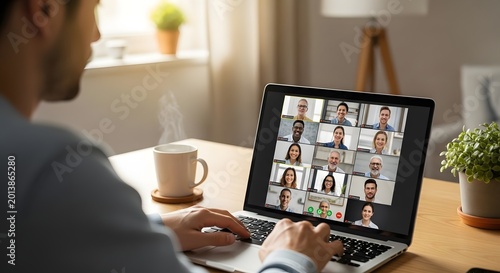 Man working on laptop screen showing virtual meeting conference call