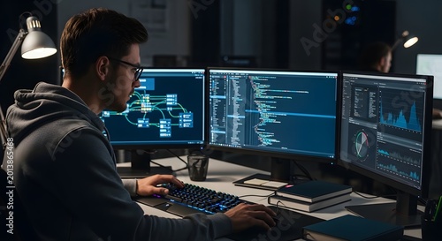 Man working on multiple screens in futuristic tech office