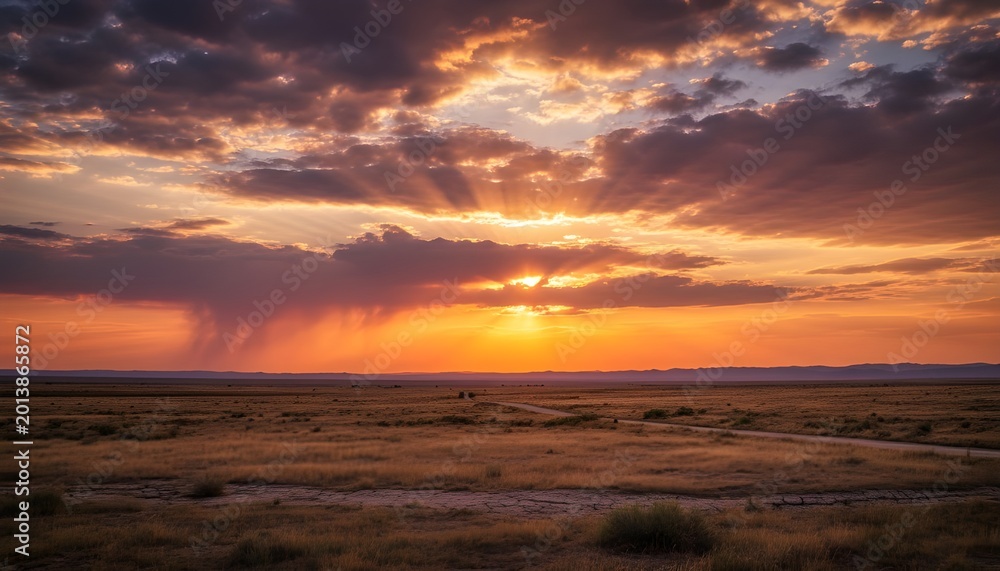 Obraz premium Warm glowing sunset horizon with dark mountain silhouettes and vibrant gradient evening sky