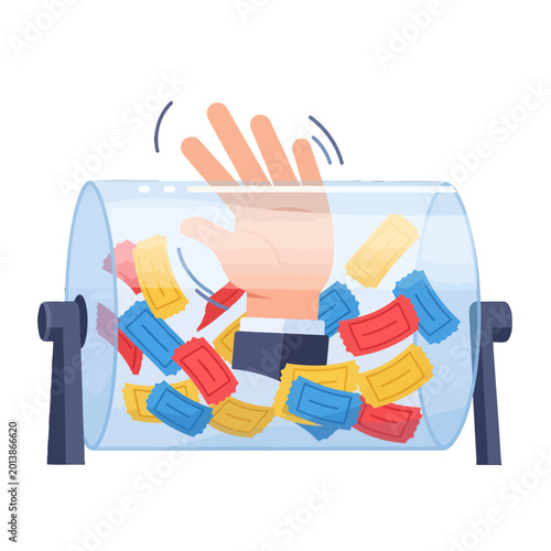 A hand reaches inside a clear drum filled with colorful tickets