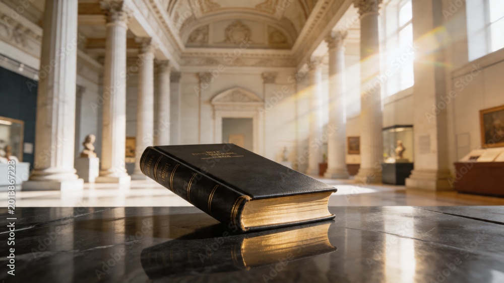 Naklejka premium A serene and elegant scene of a black leather-bound book on a marble table in a grand museum with white columns and high ceilings, evoking a sense of culture, history, and learning.