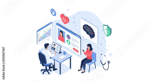 Isometric illustration of a doctor and patient using a telemedicine healthcare platform