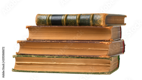 Fotografie Isolated stack of five antique vintage books with aged decorative leather and wo
