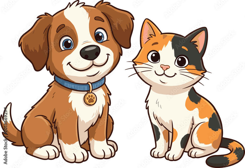 Obraz premium Cute Cartoon Dog and Calico Cat Vector Illustration Featuring Friendly Domestic Pets Sitting Together Isolated on White Background for Veterinary and Pet Care Designs