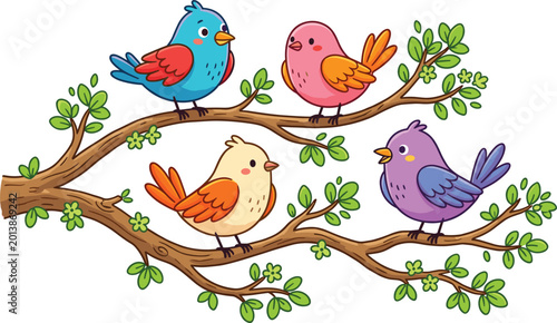 Photos Cute Cartoon Birds on Tree Branch Vector Illustration with Four Colorful Songbir