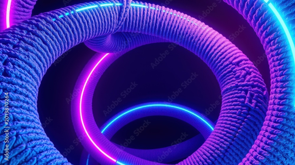 Fototapeta premium Abstract neon rings, textured tunnel. Vivid purple, blue hues create futuristic visual. Dark background emphasizes glowing shapes.