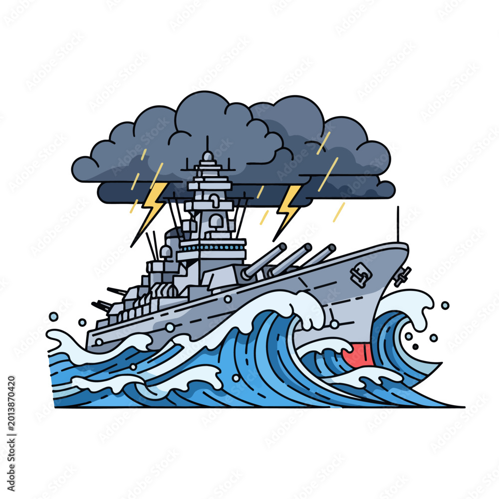 Naklejka premium A large naval warship sailing through a stormy ocean at sea