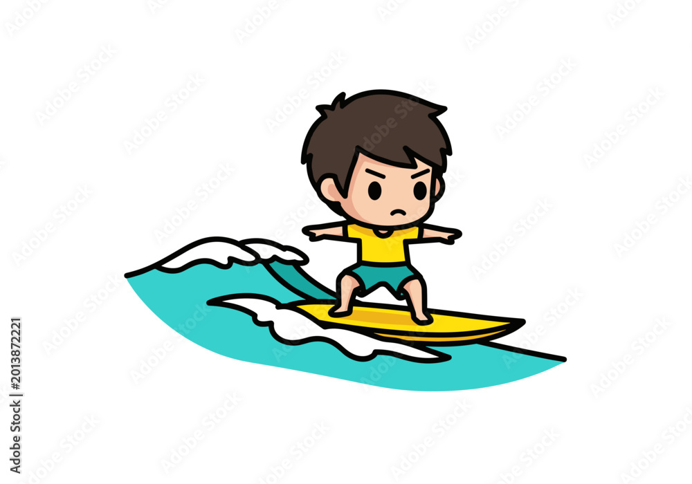 Fototapeta premium Cartoon illustration of a boy surfing on a wave with a determined expression.