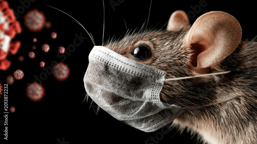 Mouse wearing face mask surrounded by hantavirus particles, symbolizing disease outbreak and public health awareness