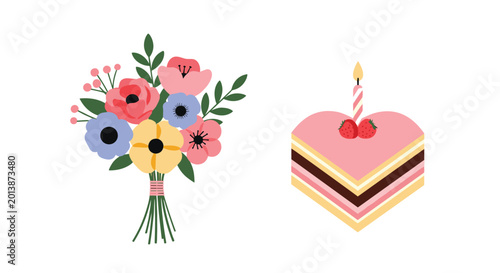Romantic celebration illustration featuring a bouquet of colorful flowers and a heart shaped layer cake with strawberries and candle.
