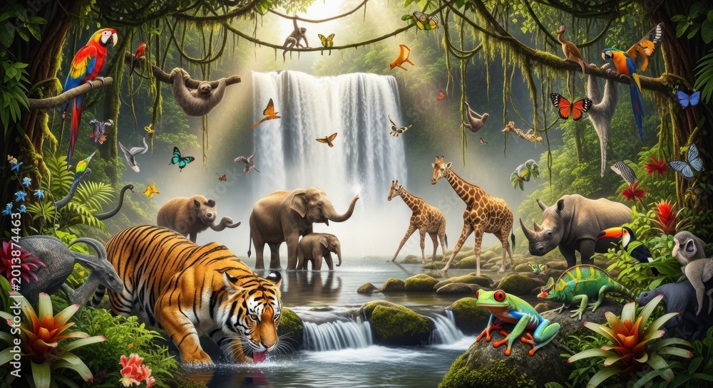 Fototapeta premium Exotic jungle scenery with diverse wildlife animals and waterfall view