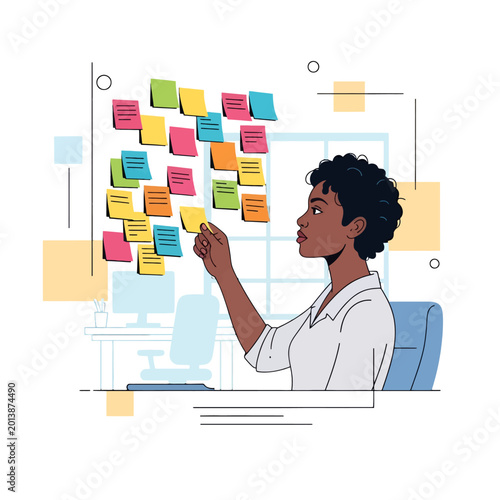 A professional woman organizes colorful sticky notes on a wall